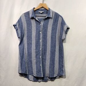 BeachLunchLounge Linen Stripped Button Shirt Womens M Blue Retro 90s Beach